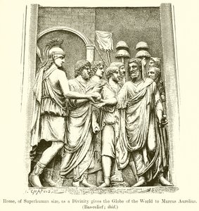 Rom, av övermänsklig storlek, ger som en gudomlighet världens klot till Marcus Aurelius. (Bas-Relief; ibid) av English School