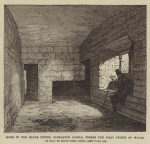 Rum i Eagle Tower, Carnarvon Castle, där den första prinsen av Wales sägs ha fötts (gravyr) av English School