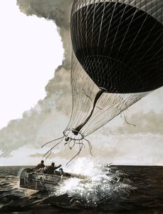 Rosemary Mudie och hennes man försöker en transatlantisk korsning med ballong (gouache på papper) av English School