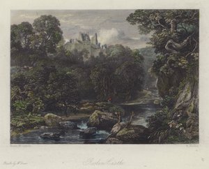 Roslin Castle, Skottland (färgad gravyr) av English School