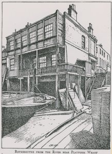 Rotherhithe från Themsen nära Platform Wharf; Ängeln av English School