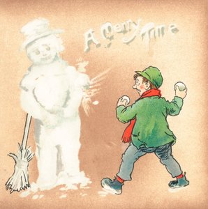 Grov pojke som kastar snöbollar på snögubbe, julkort av English School
