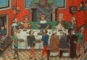 Roy 14 E IV f.244v Duke of Lancaster äter middag med kungen av Portugal, från Vol. III "Från Richard II:s kröning till 1387", av Jean de Batard Wavrin av English School