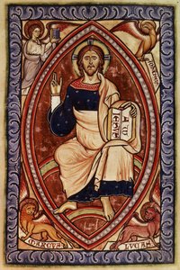 Roy 2 A XXII f.14 Kristus i majestät med symboler för evangelisterna, från Westminster Psalter, c.1250 (vellum) av English School