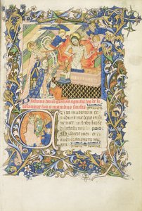 Roy 2 B I f.8 Krönad figur stödd av gråskäggigt helgon som knäböjer framför en bild av Pity, från Psalter of Humphrey Duke of Gloucester, c.1420-30 (vellum) av English School