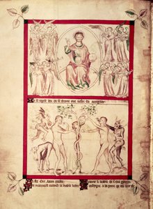 Roy 2 B VII f.3v Gud i en mandorla omgiven av musikeränglar, Temptation of Eva, från Queen Mary Psalter, c.1310-20 (vellum) av English School