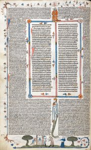 Royal 10 E. IV, f.30v, Text och bas-de-page scen av en man och en kvinna utanför en byggnad, från 