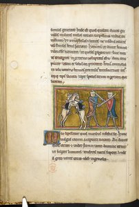 Royal 12 F.XIII, f.42v Två riddare slåss till fots med svärd, medan deras hästar slåss mot varandra på bakbenen. , från Bestiary (ff. 3-141), Lapidary (ff. 141v-149)  , 1200-talets andra kvartal (vellum) av English School