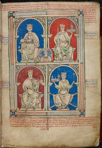 Royal 14 C. VII, f.9 Four Kings of England: Henry II, Richard I, John and Henry III with Westminster Abbey, from 