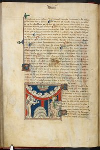Royal 19 B.XV, f.17v En lejons mun och på en omvänd molnbåge sex huvuden som representerar de sju åskorna: nedanför, till vänster, ängeln, och till höger, Johannes på väg att skriva i boken, från 