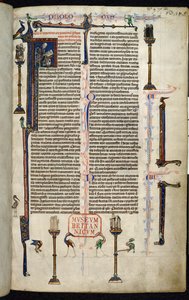 Royal 1 D I, f.1r, Jerome, friars on columns, from the Bible of William of Devon (vellum) av English School