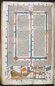 Royal MS 10 IV f.208v Naval attack and Marginal Decoration, illustration från 