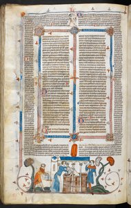 Royal MS 10 IV f.297v Badande ett pestoffer och marginaldekoration, illustration från 