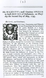 Kungligt tal till parlamentets båda kammare, 2 maj 1745 (tryck) av English School