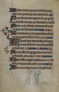 Royal MS 2_B VII F.177V Bas-de-Page-scen av två kvinnor som bär hökar och en liten hund framför dem, med en bebodd initial, illustration från 