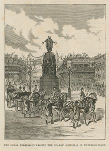 Kunglig procession som passerar Guards Memorial i Waterloo Place av English School