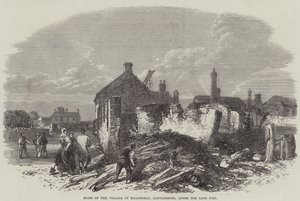 Ruinerna av byn Billinghay, Lincolnshire, efter den sena branden (gravyr) av English School