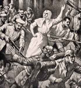 Den ryska sjuksköterskan Mira Miksailovitch Ivanoff ledande män mot tyskar, 1915, från 