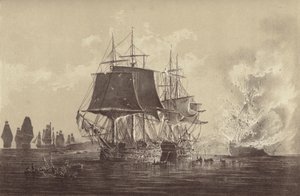 Ryska fartyget Vsevolod förstört i närvaro av den ryska flottan efter aktionen med HMS Implacable, knutet till svenska flottan och under befäl av kapten Thomas Byam Martin, i Östersjön, 26 augusti 1808 (litho) av English School
