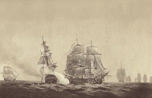 Ryska fartyget Vsevolod flaggar för HMS Implacable, tillhörande svenska flottan och under befäl av kapten Thomas Byam Martin, i Östersjön, 26 augusti 1808 (litografi) av English School