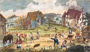 Rustik gårdsscen (färgad gravyr) av English School