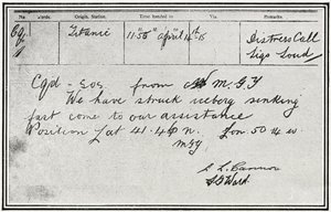 SOS-meddelande mottaget av den ryska ångbåten Birma cirka fem minuter efter att Titanic slog ett isberg den 15 april 1912 från "The Sphere", 4 maj 1912 av English School