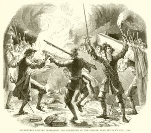 Sacheverel Rioters förstör möblerna i kapellet nära Lincolns Inn, 1710 av English School