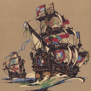 Segelfartyg (färg litho) av English School