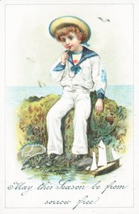 Sailor Boy sitter på stenar, julkort av English School