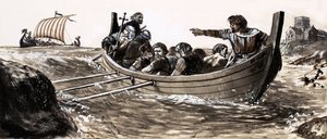 Saint Malo flyr från plundrande vikingar (gouache på papper) av English School