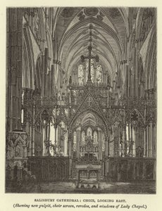 Salisbury Cathedral, kör, tittar österut, visar ny predikstol, körskärm, reredos och fönster i Lady Chapel av English School