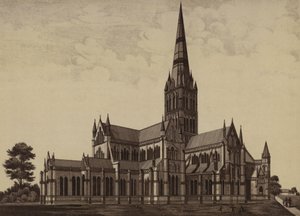 Salisbury Cathedral, från nordöstra (litho) av English School
