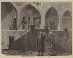 Saluterar drottning Victorias nycklar, antik ceremoni vid tornet (gravyr) av English School