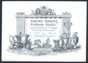 Samuel Keeley, guldsmed, juvelerare, silversmed och skärare, handelskort av English School