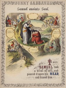 Samuel smörjer Saul (färgad gravyr) av English School