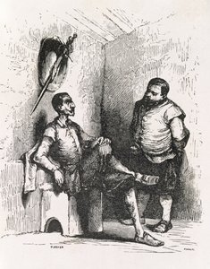 Sancho: Jag borde skapa en sällsynt hyresvärd, illustration från akt II, scen I av Don Quijote i England. En komedi, graverad av P. Soyer av English School
