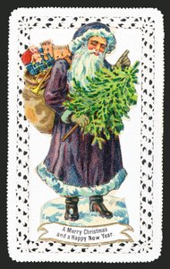 Jultomten med leksakssäck och träd, julkort av English School