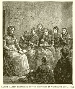 Sarah Martin predikar för fångarna i Yarmouth fängelse, 1835 av English School