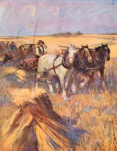 Saskatchewan, den moderna skotten på sin självbindare (färglitografi) av English School