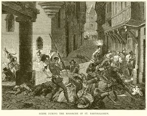 Scen under massakern av St. Bartholomew av English School