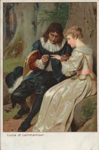 Scen ur Gaetano Donizettis tragiska opera Lucia di Lammermoor (chromolitho) av English School