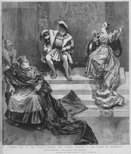 Scen från en produktion av Shakespeares Henry VIII på Lyceum Theatre, London (litho) av English School