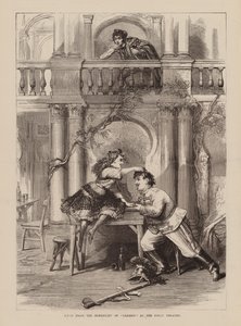 Scen ur burlesken "Carmen" på Folly Theatre (gravyr) av English School