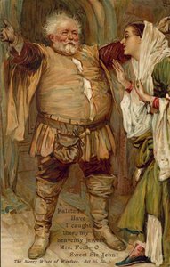 Scen ur De glada fruarna från Wndsor av William Shakespeare (färglitografi) av English School