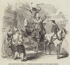 Scen från det nya dramat av "Belphegor, The Mountebank," på Adelphi Theatre (gravyr) av English School