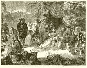 Scen i Highgate Fields under den stora branden i London, 1666 av English School