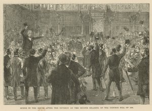 Scen i underhuset efter splittringen vid den andra behandlingen av 1866 års reformproposition av English School