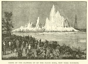 Scen för sprängningen av Flood Rock, New York Harbor (gravyr) av English School