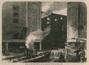 Scen för den stora branden vid St Katherine Docks av English School