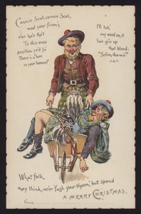 Skott tar hem sin berusade vän i en skottkärra (chromolitho) av English School